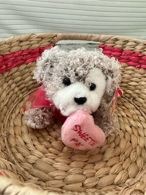 Plush Curly Gray & White Puppy with Pink Heart - Sweetie Pet Toy